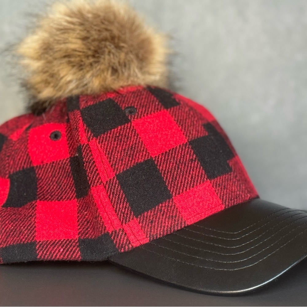 Red and Black Plaid Women’s Cap with Pom Pom